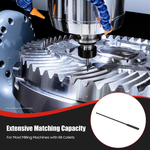 Milling Machine Draw Bar With 7/16 Inch Thread, Beefy Heavy Duty R8 Pull Rod For Bridgeport Style Mills, Overall Drawbar, High Concentricity And Rigidity, Durable Steel Build For Reliable Tool Holding And Long Life, shown with R8 mill setup