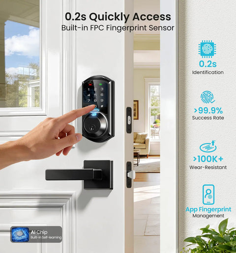 Slick Fingerprint Smart Lock With Heavy Duty Zinc Alloy Handles And Auto Lock App Control Delivering Hassle Free Zero Key Stress Matte Black Finish That Brings Top Shelf Security Straight To Your Door
