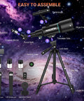 70mm Refractor Telescope Kit For Kids And Adults Portable 300mm Focal Length With labeled parts and accessories in space theme