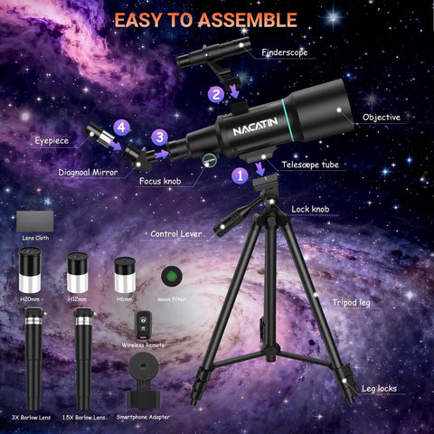 70mm Refractor Telescope Kit For Kids And Adults Portable 300mm Focal Length With labeled parts and accessories in space theme