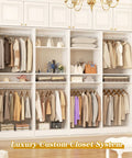Heavy Duty 100 Inch Wood Closet System With 8 Hanging Rods, Adjustable Walk In Wardrobe Organizer, Space Saving Modular Closet Tower Set Of 4 White, Easy Peasy Assembly No Sweat Setup with organized clothing and accessories.