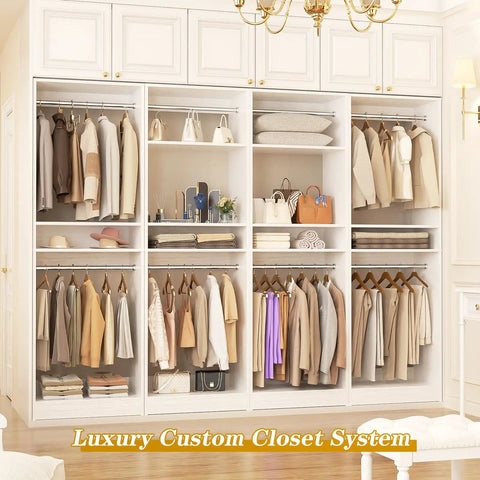 Heavy Duty 100 Inch Wood Closet System With 8 Hanging Rods, Adjustable Walk In Wardrobe Organizer, Space Saving Modular Closet Tower Set Of 4 White, Easy Peasy Assembly No Sweat Setup with organized clothing and accessories.