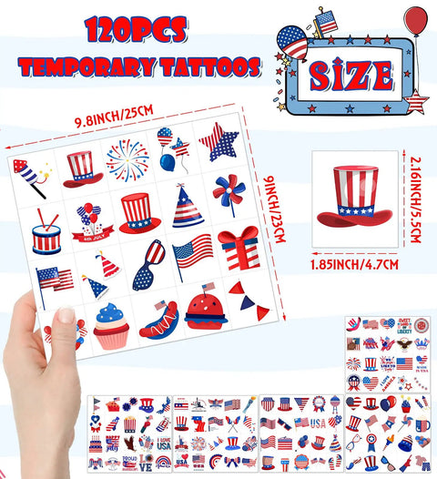 Sheet of 120 PCS USA flag temporary tattoos featuring patriotic symbols from the 4th Of July Women Outfit Set With 120 PCS USA Flag Temporary Tattoos Featuring Fireworks Eagle Statue Of Liberty And Independence Day Memorial Day For A Classic Patriotic Look And Trendy Festive Vibe.