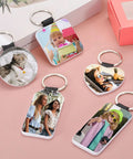 Image of 12 Pack White Sublimation Keychain Blanks Squares 1.97 Inch Double Sided PU Leather For DIY Crafts with custom photos.