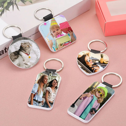 Image of 12 Pack White Sublimation Keychain Blanks Squares 1.97 Inch Double Sided PU Leather For DIY Crafts with custom photos.