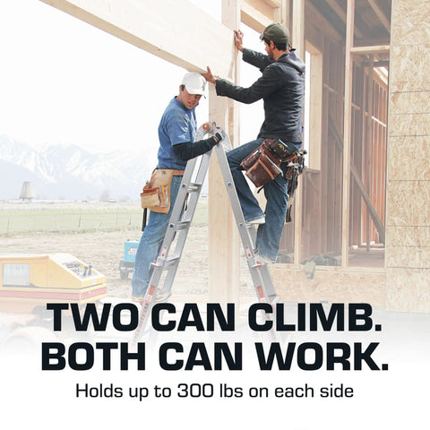 Versatile 22 Ft Multi-Position Ladder For Pros And DIYers, A Real Workhorse, Heavy-Duty Aluminum Construction, Four-Position Modes, Secure Locking, Stable And Durable For Indoor Outdoor Tasks, Roof Access And Tall Projects. Two workers on aluminum ladder in A-frame mode at framing site.