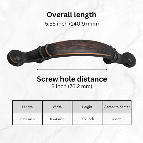 Close-up of 10 Pack 5.55 Inch Oil Rubbed Bronze Cabinet Pulls With 3 Inch Center To Center For Kitchen Cabinets And Drawers.