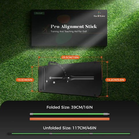 Golf Alignment Sticks Holder And Swing Trainer with dimensions and packaging details shown on grass background.