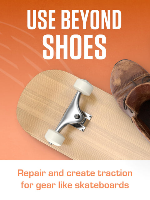 Original Shoe Goo Clear Adhesive For Shoes 3.7 Fl Oz Tube Fast Bond used for repairing a skateboard and brown shoe on orange background