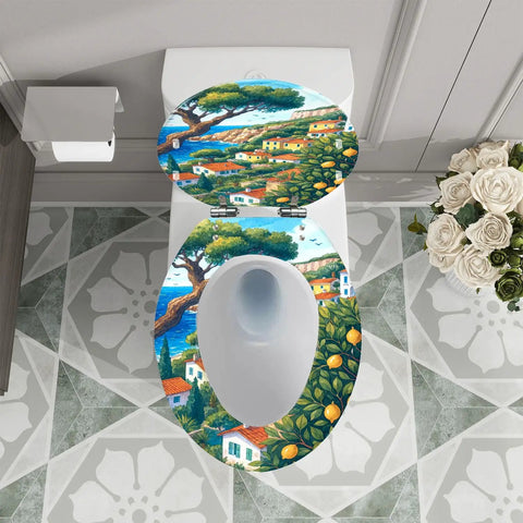 Resin Elongated Toilet Seat for Bathroom with vibrant landscape design, measures 14.5" x 18.5", perfect for various bathroom styles.
