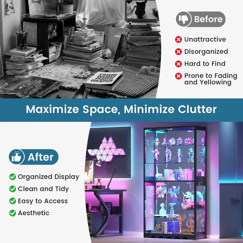 Before and after of a room transformation using an 8-Tier RGB Glass Display Cabinet With Motion Sensor And Remote, Lockable Glass Doors.