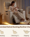 Mother in Electric Swivel Nursing Rocker With Adjustable Armrests And Headrest, Glider Nursery Chair, soothing baby in bedroom.