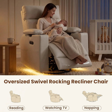 Mother in Electric Swivel Nursing Rocker With Adjustable Armrests And Headrest, Glider Nursery Chair, soothing baby in bedroom.