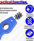 Upgrade Your Ride With This Slick 4 In 1 Auto Battery Terminal Cleaning Brush features stainless steel bristles and durable blue plastic.