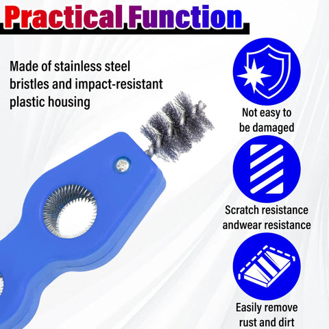 Upgrade Your Ride With This Slick 4 In 1 Auto Battery Terminal Cleaning Brush features stainless steel bristles and durable blue plastic.