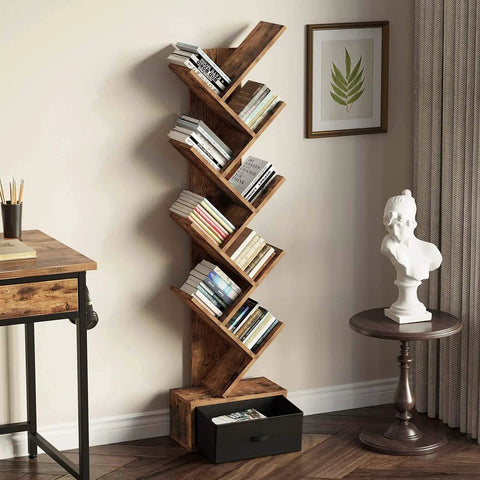 Dope Vintage Tree Bookshelf With Nine Shelves And Side Drawer, Solid Wooden Corner Storage Rack For Books Vinyl Records Decor, Rustic Brown Shelf Vibe Straight Fire Display For Your Chill Space