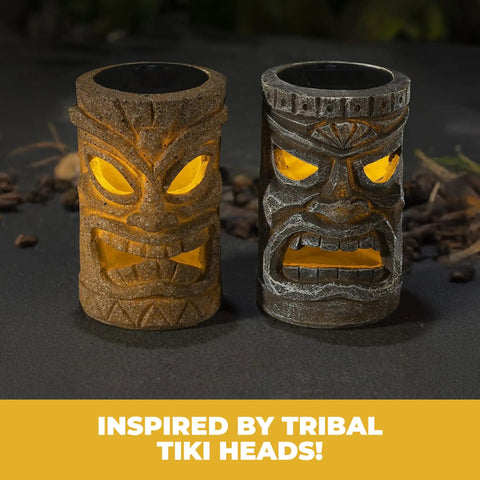Set Of 2 Solar Tiki Torches With Flickering Flame Effect For Outdoor Patio Decor on display, brown and gray polyresin.