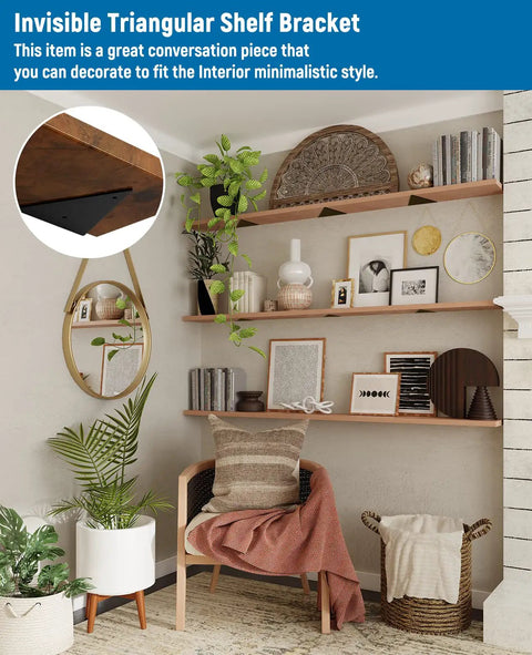 6 Inch Invisible Triangular Shelf Brackets installed in a minimalist living room with decor and floating shelves.