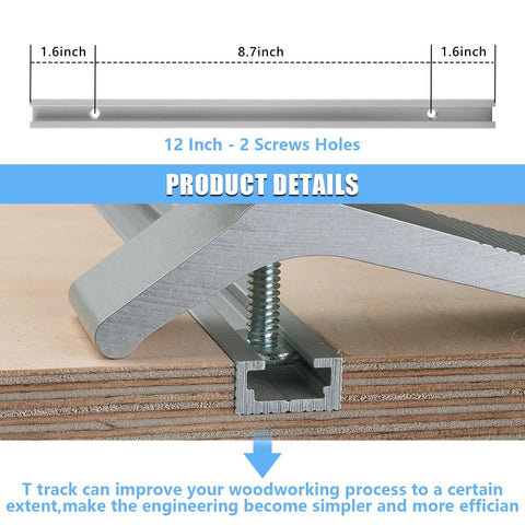 Cross-section view of an aluminum T-track with screw in wood, showing dimensions and mounting holes for Eight 12 Inch Aluminum T Tracks With Screws Kit For Woodworking Jigs And Fixtures Universal Double Cut T Track With Predrilled Mounting Holes Pro Grade For Drill Press Tables And Workbenches.