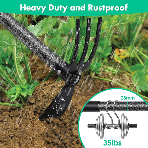 Two In One Garden Hoe And Cultivator With Adjustable 31 Inch Handle Carbon Steel Blade Heavy Duty Tiller in use under rain