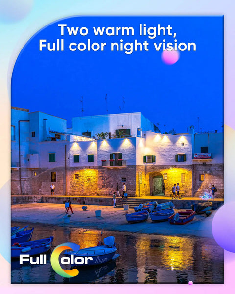 Scenic night view with warm lights from 4 Channel Full Color Night Vision CCTV Camera System for home and outdoors.