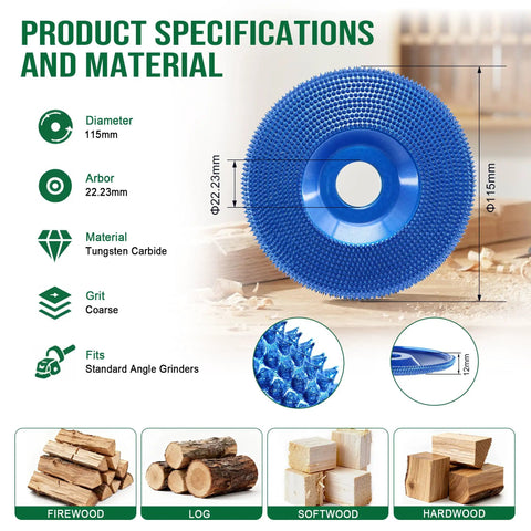 Premium Tungsten Carbide Carving Wheel For Angle Grinder With Aggressive Coarse Blades, 115mm diameter for fast material removal.