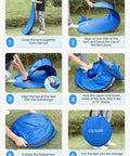 Six images showing the step-by-step folding process of the Pop Up Beach Tent Instant Portable Sun Shade Shelter For 1 To 2 People UPF Fifty Plus Protection With Extendable Floor And Zipper Door Easy Up Automatic Setup On The Go Outdoor Shelter.