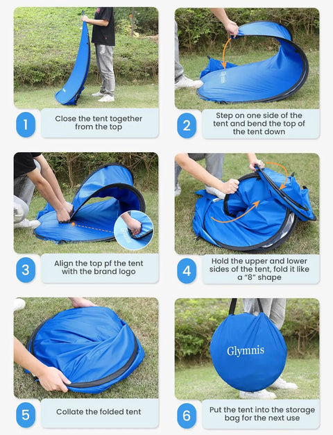 Six images showing the step-by-step folding process of the Pop Up Beach Tent Instant Portable Sun Shade Shelter For 1 To 2 People UPF Fifty Plus Protection With Extendable Floor And Zipper Door Easy Up Automatic Setup On The Go Outdoor Shelter.
