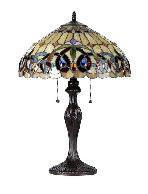 Serenity Tiffany Style Victorian Two Light Table Lamp With Shade, handcrafted glass and metal, brown and yellow finish, pull chain.