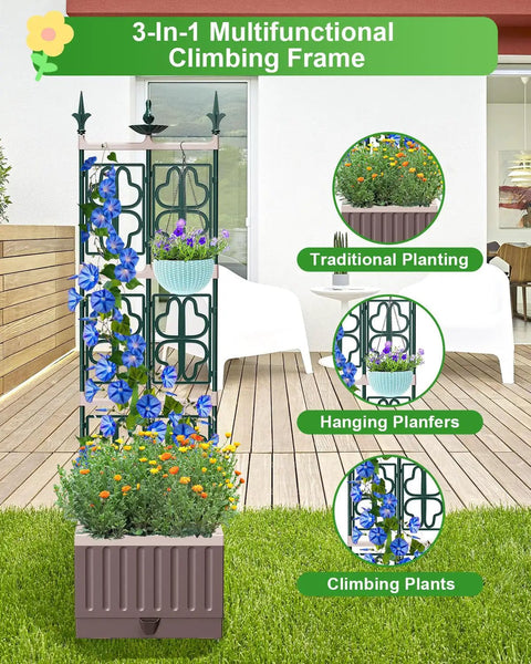 Raised Garden Bed Planter Box With Trellis 61.4 Inch Self Watering System For Climbing Plants, shown on patio with flowers