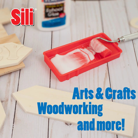 Silicone Glue Roller And Tray Set For Arts Crafts And Woodworking, smooth roll application with red tray and glue in use.