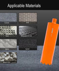 Image showing 5 Inch Wet Diamond Core Drill Bit For Concrete Reinforced Concrete And Hard Masonry With 1-1/4 Inch To 7 Thread Arbor 10mm Segment Height 15.7 Inch Drilling Depth Pro Grade Go-To Core Bit For Brick Block And Stone next to applicable materials including concrete, brick, block, reinforced concrete, marble, asphalt, and natural stone.