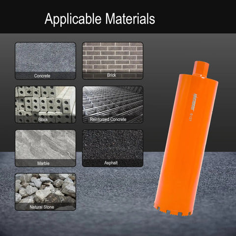 Image showing 5 Inch Wet Diamond Core Drill Bit For Concrete Reinforced Concrete And Hard Masonry With 1-1/4 Inch To 7 Thread Arbor 10mm Segment Height 15.7 Inch Drilling Depth Pro Grade Go-To Core Bit For Brick Block And Stone next to applicable materials including concrete, brick, block, reinforced concrete, marble, asphalt, and natural stone.