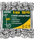 Set Of 150 Heavy Duty Circle Top Landscape Fabric Stakes And Pins 6 Inch Galvanized, shown in packaging.