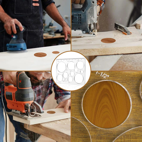Pro Grade 13 In 1 Router Template Kit For Woodworking with 10 by 7.9 Inch Circle and Bowtie Inlay Jigs in use on wood.