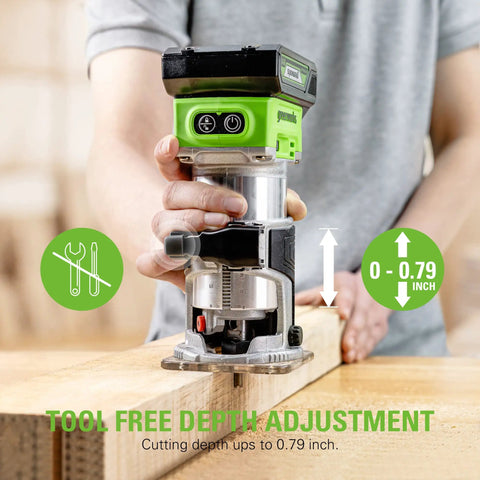 Person using Beast Cordless 24V Brushless Compact Router with 2Ah Battery and Charger for precise wood cutting adjustments