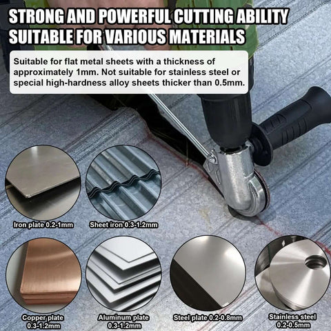 Heavy Duty Drill Nibbler Sheet Metal Cutter Kit for electric drills cutting various metal sheets including aluminum, copper, and steel.