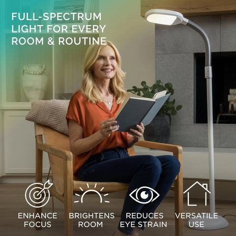 Lit Full Spectrum LED Floor Lamp With Adjustable Brightness And Flexible Gooseneck next to woman reading for eye strain relief