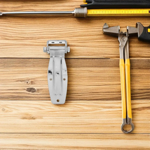 Beefy Stainless Steel Truck Side Door Hinge For Cargo Containers And Trailers, Heavy Duty Rear Or Side Door Replacement With High Load Capacity And Smooth Operation, 8x3.8x1 Inch For Long Haul, shown with tools