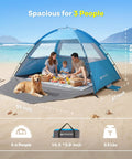 Beach Tent Sun Shelter For 3 4 6 8 People UPF 50 UV Protection Cabana Shade Tent with family on beach, dog inside