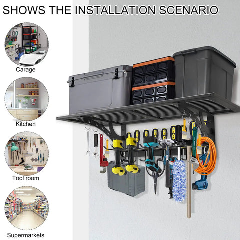 Two Pack 15x38 Heavy Duty Wall Shelf Garage Storage Rack Wall Mounted Floating Shelves With Power Tool Organizer and tools