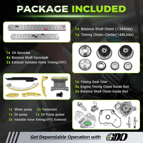 All In One 2.4L Ecotec Timing Chain Kit With Water Pump, Oil Pump And VCT Solenoid For 2010 To 2017 Chevrolet Equinox package contents