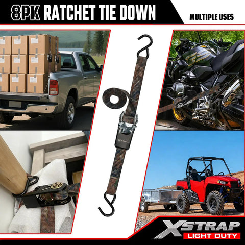 Tough As Nails Camo Ratchet Tie Down Straps Eight Pack One Inch By Ten Feet Securing cargo on a pickup and motorcycle.