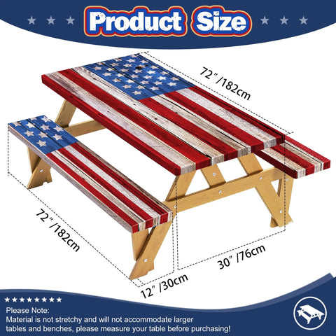 Picnic Table Cover With Bench Covers, American Flag Design, Waterproof And Windproof Fitted Tablecloth With Elastic Edges