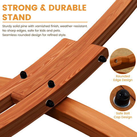 Detailed view of the wood arc stand joints for the Sunbrella Fabric Hammock With 13 Ft Wood Arc Stand For Two People Outdoor Patio Setup All Weather Fade Resistant, 450 Lb Capacity, Free Pillow Included