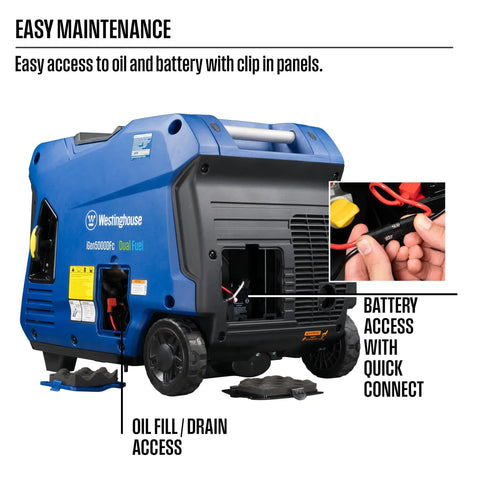 Side view of Dual Fuel 5000 Watt Portable Inverter Generator with open access panels for easy maintenance