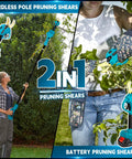 Hella Durable Brushless Pole Pruner With 8Ft Extension used by woman for tree trimming with safety goggles and pruning shears.