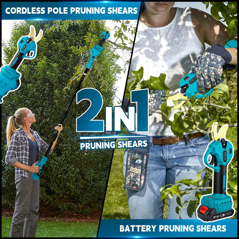 Hella Durable Brushless Pole Pruner With 8Ft Extension used by woman for tree trimming with safety goggles and pruning shears.