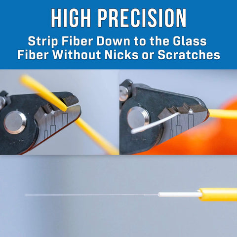 Three Hole Fiber Optic Stripper With Angled Jaw And Safety Lock, Strips 1.6-3.0mm Jacket, close-up on precise fiber stripping.