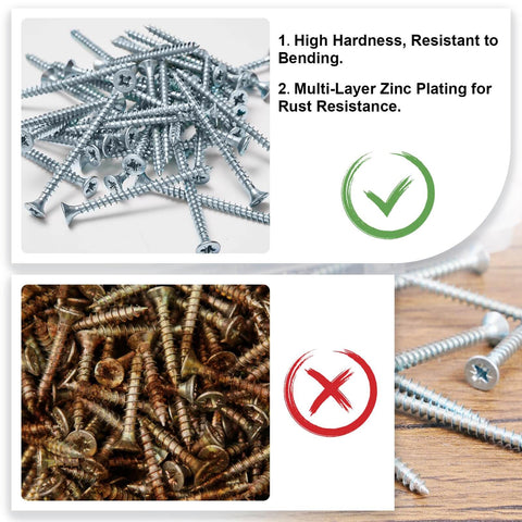 Comparison of Number 8 By 2 Inch Wood Screws Set For Wood And Drywall Phillips Flat Head SelfTapping Screws 130 Pieces With Organizer Box High Hardness Metal Silver Finish highlighting rust resistance and hardness.